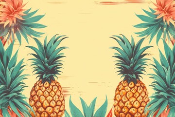 vintage tropical summer background with fresh pineapple illustration - obrazy, fototapety, plakaty