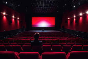 Obraz premium Cinema blank wide screen and people in red chairs in the cinema hall. Blurred People silhouettes watching movie performance