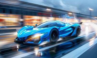 A blue race car speeds on a wet road with tires splashing water