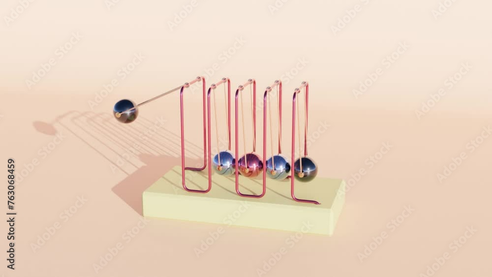 Poster office toy pendulum: five swinging balls on wire structure in 3d animation
