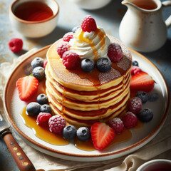Stack of delicious pancakes with berries and maple syrup on wooden table, closeup