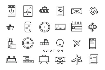 Set of aviation and plane vector line icon. It contains symbols to aircraft, globe.