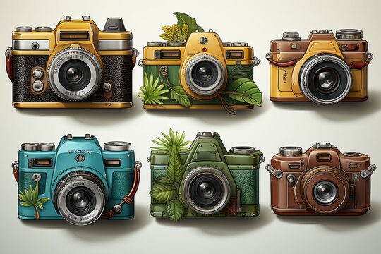 Colorful vintage cameras and green plant icons for capturing summer travel memories