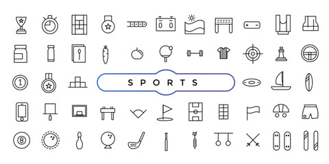 Sports icons related to wellness, wellbeing, mental health, healthcare, cosmetics, spa, medical. Outline icon collection.