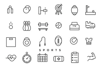 Sports icons related to wellness, wellbeing, mental health, healthcare, cosmetics, spa, medical. Outline icon collection.