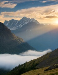 A calm blue mountain lake reflects the snow-capped peaks and fluffy white clouds of a scenic summer landscape