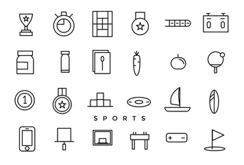 Sports icons related to wellness, wellbeing, mental health, healthcare, cosmetics, spa, medical. Outline icon collection.