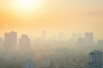 The sun rises over a cityscape covered in a haze, creating a moody and atmospheric urban morning. Hazy Sunrise over Urban Cityscape with Buildings