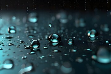 Condensation water drops on black glass background. Rain droplets with light reflection on dark...