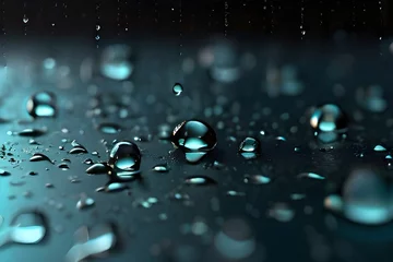 Fotobehang Condensation water drops on black glass background. Rain droplets with light reflection on dark window surface, abstract wet texture, scattered pure aqua blobs pattern Realistic 3d vector Generative A © Mirza
