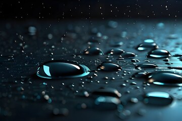 Condensation water drops on black glass background. Rain droplets with light reflection on dark...