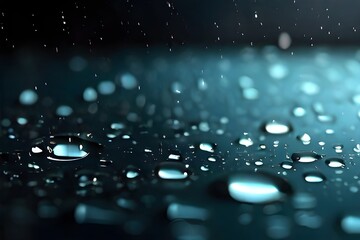 Condensation water drops on black glass background. Rain droplets with light reflection on dark window surface, abstract wet texture, scattered pure aqua blobs pattern Realistic 3d vector Generative A - obrazy, fototapety, plakaty