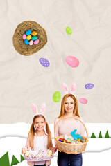 Vertical photo collage of joyful smile mother daughter hold basket easter hamper bunny ears nest...