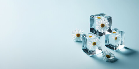 Crystalline ice cubes featuring delicate daisy flowers inside, 