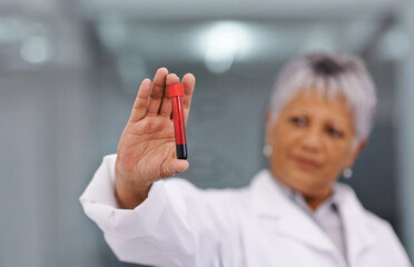 Science, blood sample and woman with test tube in laboratory for medical research and analysis...