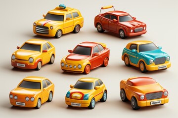 Fototapeta premium Collection of brightly colored kids toy cars icons on clean white background for playtime and fun