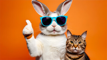 Easter bunny rabbit and cat with sunglasses, giving thumb up on orange background