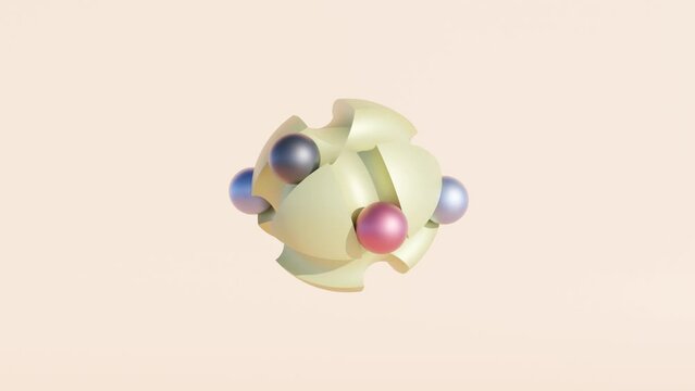 Modern Abstract Animation: Green Grooved Sphere with Colorful Ball Bearings on Peach Background
