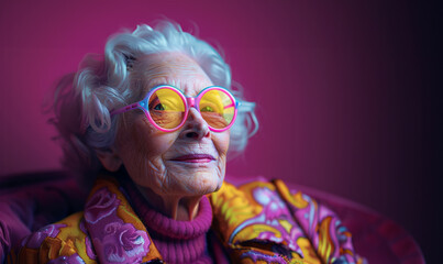 a granny stylized in retro-futurism. Granny is dressed in the fashion of the future, she has neon glasses. a funny smiley face and pose. composition is dominated by purple aesthetics. Cartoony style - obrazy, fototapety, plakaty