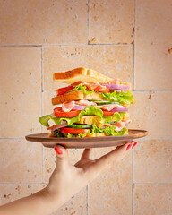 Hand holding a brown plate with large homemade sandwich made of layers with sliced bread, tomato, bacon, fresh lettuce, cucumber and onion prepared for breakfast or lunch as fast food tasty snack