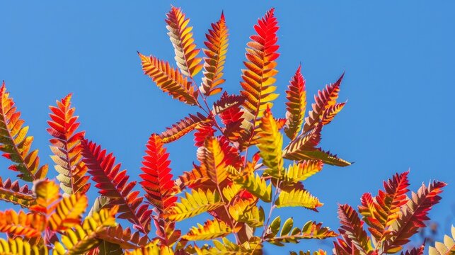 Autumn red and yellow colors of the Rhus typhina, Staghorn sumac, Anacardiaceae, leaves of sumac on sky.