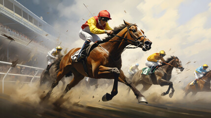 The pursuit of victory Intense horse race captures the - obrazy, fototapety, plakaty