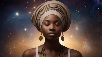 Fototapeta premium Portrait of young beautiful woman wearing headscarf and meditates against a backdrop of starry space, concept of spirituality, meditation and cosmic unity.
