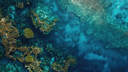 Naklejka na ściany i meble Aerial view of a vibrant coral reef submerged in crystal-clear blue waters