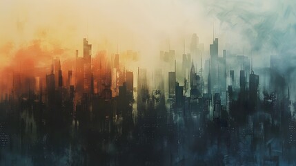 Surreal Urban Haze, perfect for urban development discussions and environmental awareness - obrazy, fototapety, plakaty