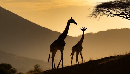 Fototapeta na wymiar Silhoutte of giraffes walking throught the hill, evening time, dark 