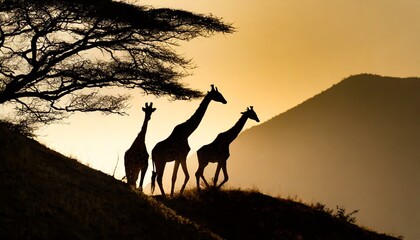 Silhoutte of giraffes walking throught the hill, evening time, dark 