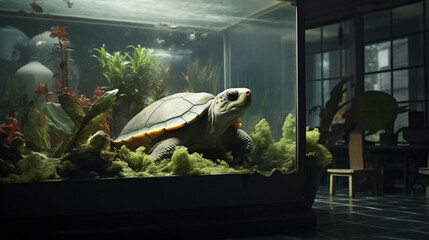 Turtle in apartment cherished pet in a serene aquarium - obrazy, fototapety, plakaty
