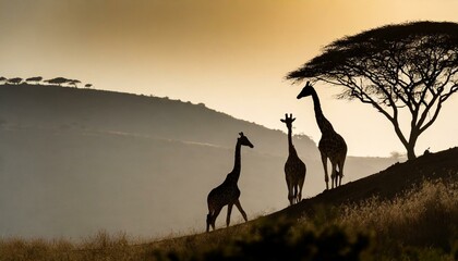 Silhoutte of giraffes walking throught the hill, evening time, dark 