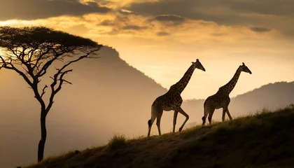 Foto op Aluminium Silhoutte of giraffes walking throught the hill, evening time, dark  © dmnkandsk