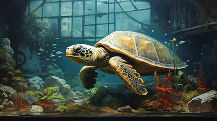 Turtle in apartment cherished pet in a serene aquarium - obrazy, fototapety, plakaty