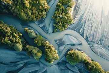 Aerial view of river with trees, nature pattern abstract. - obrazy, fototapety, plakaty