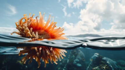 Fototapeta na wymiar Orange flower-like structure floating on water, conceptual art.