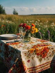 A beautifully festive decorated table with a bright floral tablecloth with plates, glasses, flowers  stands outdoor in a summer field among wildflowers. Sunlight. Shadows. Ready for celebration. 