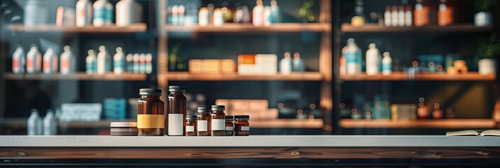Elegant pharmacy shelves with variety of medicine bottles, health care products in the background, modern medical store. - obrazy, fototapety, plakaty