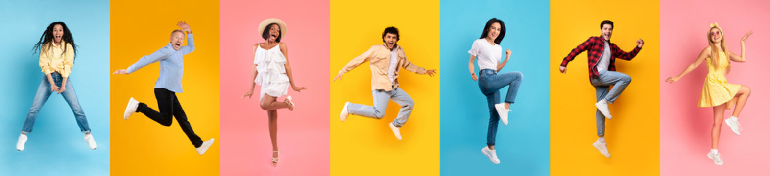 Cheerful People. Set Of Happy Men And Women Jumping On Colorful Backgrounds © Prostock-studio