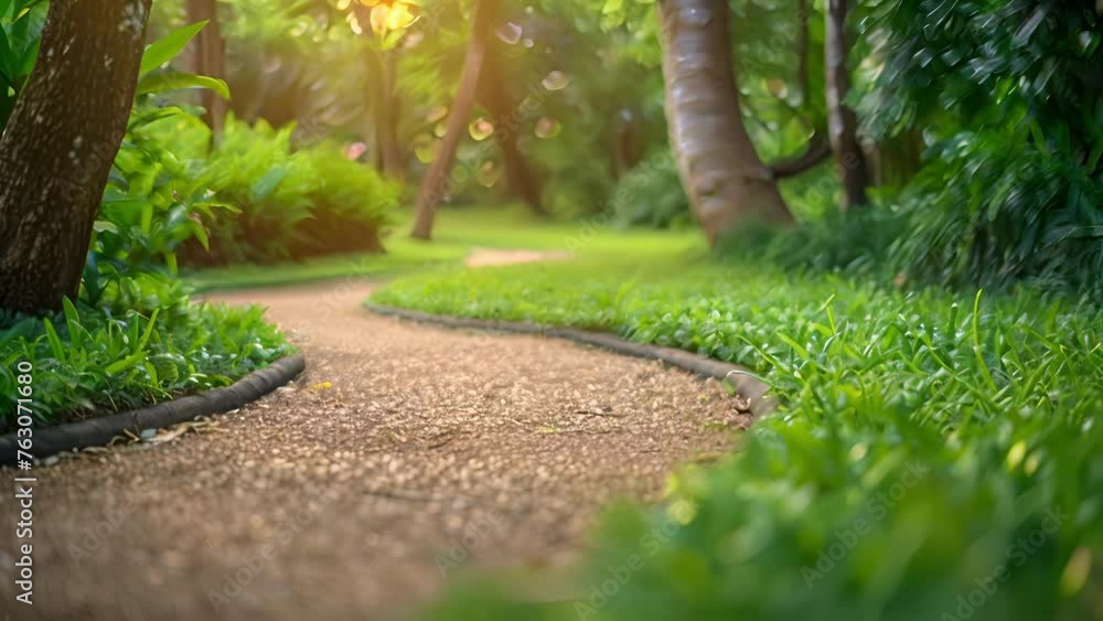 Poster a macro shot of a winding path through a dense green forest leading towards the heart of the univers