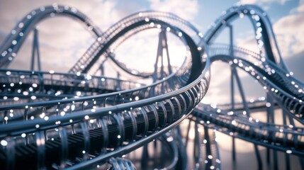 Intricate metal roller coaster tracks with curves and loops, for amusement park or thrill ride themed designs. - obrazy, fototapety, plakaty