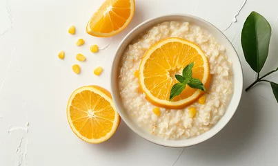 Badkamer foto achterwand Gourmet Breakfast Delight: Appetizing Corn Porridge with a Touch of Orange © verticalia