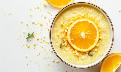 Zelfklevend Fotobehang Start Your Day Together: Family Breakfast with Corn Porridge and Orange © verticalia