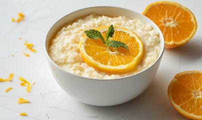 Schilderijen op glas Nutritious Breakfast for All: Healthy Corn Porridge with Orange © verticalia