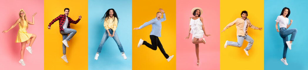 Diverse Overjoyed People Jumping In Air Against Colorful Studio Backgrounds