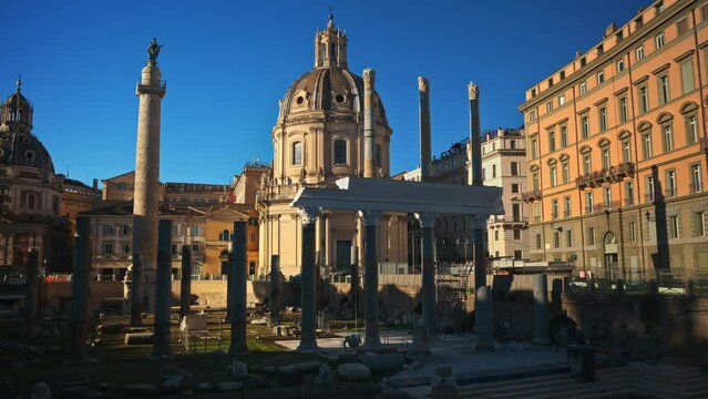 Ruins of the Roman Forum at sunset in Rome, Italy