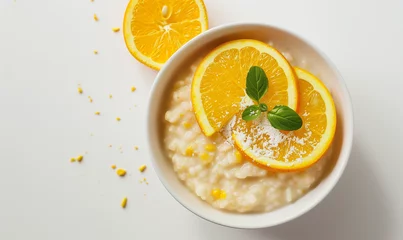 Deurstickers Nutritious Morning Meal: Appetizing Corn Porridge with a Hint of Orange © verticalia
