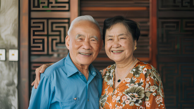 A man and woman are smiling at the camera. The man is wearing a blue shirt and the woman is wearing a floral dress. They seem to be happy and enjoying each other's company