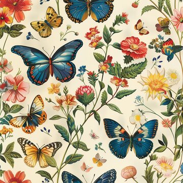 A captivating wallpaper pattern with a variety of colorful butterflies fluttering amidst flowers , tile